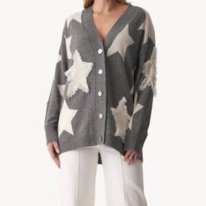 Brodie Cashmere Alra Star Fringe Cardi Gray and Cream Star Cardigan